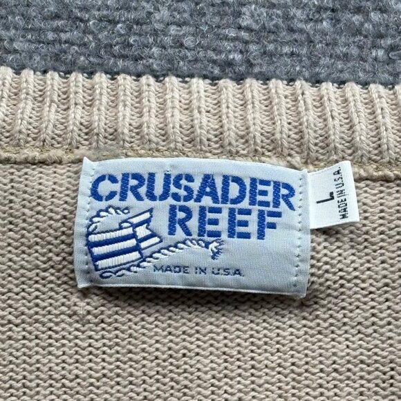 VTG OK Crusader Reef Sweater Mens L Beige Grey Embroidered Golfer Sport Grandpa - Picture 4 of 15